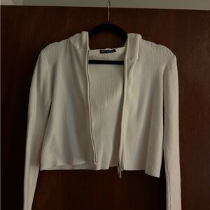 White Ribbed Zip-Up Hoodie